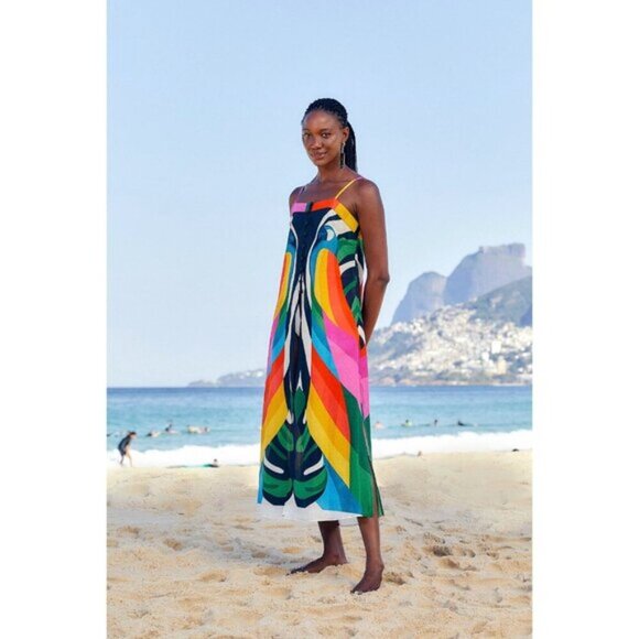 New Farm Rio Macaw Stripes Cotton Swim Beach Cover-Up Maxi Dress Medium NWT - Picture 6 of 10